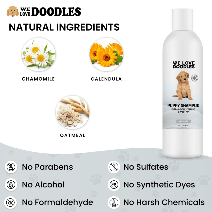Infographic showing three circles labeled chamomile, calendula, and oatmeal beside the bottle. Icons below state no parabens, no alcohol, no formaldehyde, no sulfates, no synthetic dyes, and no harsh chemicals.