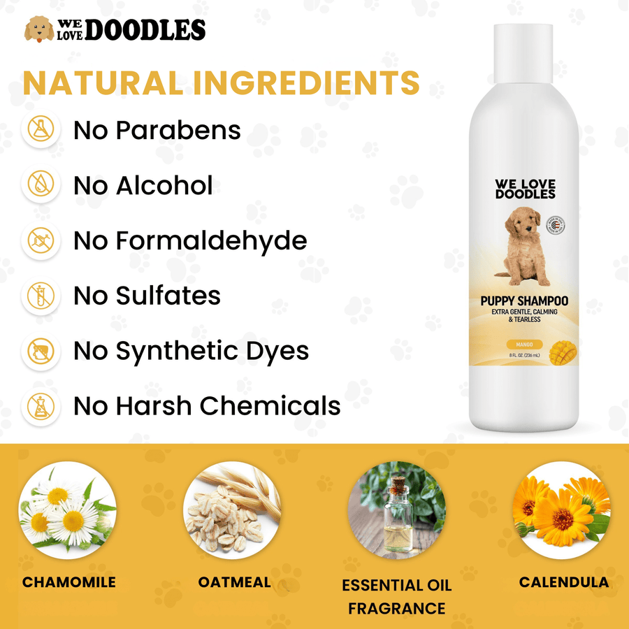 Panel highlights no parabens alcohol formaldehyde sulfates synthetic dyes or harsh chemicals. Ingredient icons show chamomile oatmeal essential oil fragrance and calendula.