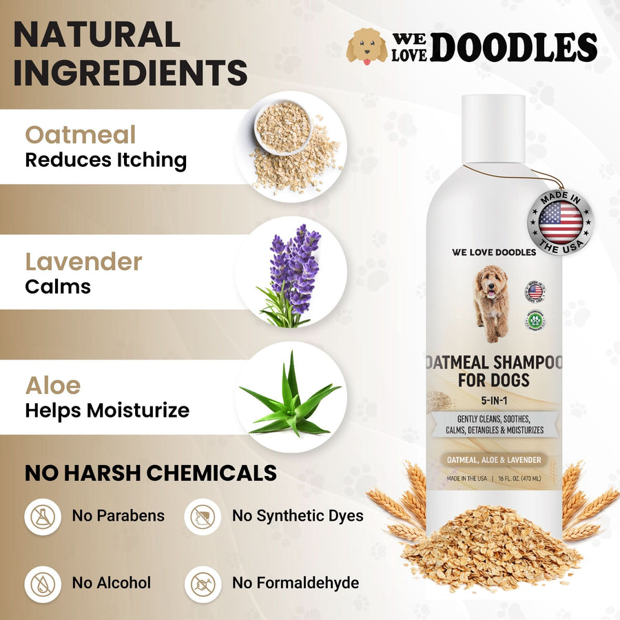 Graphic highlights oatmeal to reduce itching, lavender to calm, and aloe to help moisturize. Icons show no parabens, no synthetic dyes, no alcohol, and no formaldehyde. Bottle and oats on the right.
