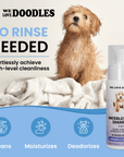 A wet dog sits on towels next to the waterless dog shampoo bottle with large text that says no rinse needed and icons for cleans moisturizes and deodorizes.
