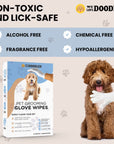 Feature graphic shows alcohol free, chemical free, fragrance free, and hypoallergenic callouts with a box and a dog being wiped by a white glove.