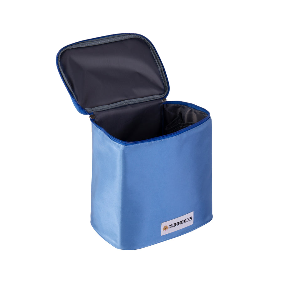 Bag shown at an angle with the lid open to reveal dark gray lining and a roomy main compartment. The zipper runs around the top edge.