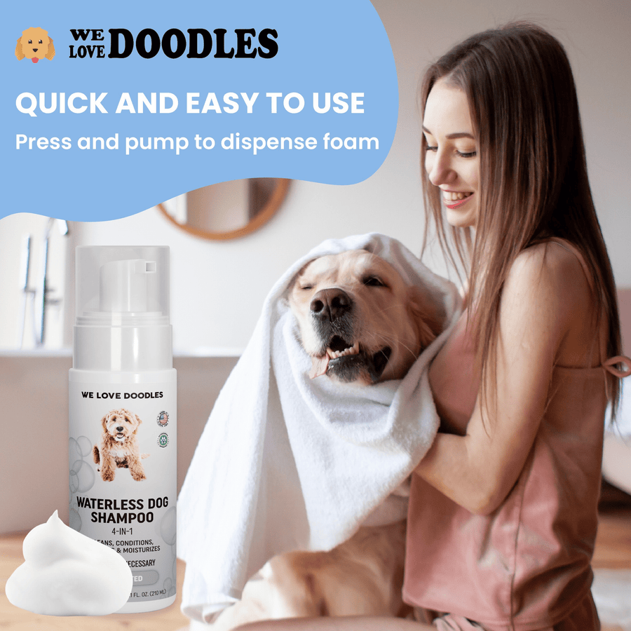 Indoor scene with a person using a white towel to dry a golden dog. The waterless shampoo bottle and a dollop of foam sit in the foreground with quick and easy use text.