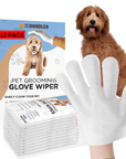 Box shows a 12 pack of We Love Doodles glove wipes with a brown dog, a white glove on a hand, and a stack of sealed wipe packs placed in front.