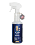 Clear trigger spray bottle with a blue We Love Doodles label that reads Pet Stain and Odor Remover Lemon Thyme. A Made in the USA badge hangs near the neck on a white background.