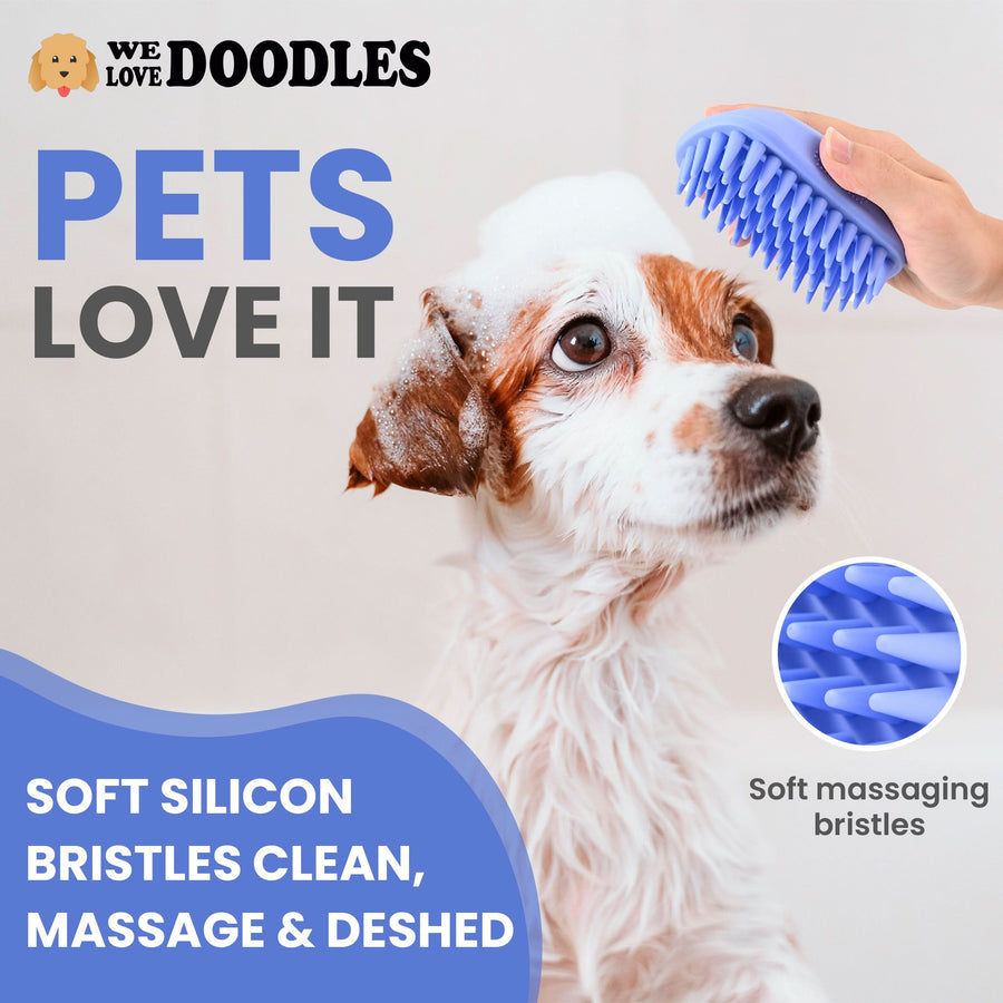 Graphic reads Pets Love It and Soft silicon bristles clean, massage and deshed. A hand holds a foamy blue brush with a bristle close-up.