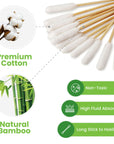 Close view of white cotton tips on bamboo sticks with small insets of a cotton plant and bamboo. Icons highlight non toxic high absorbency and long handle.