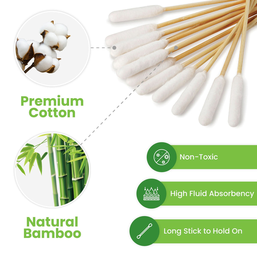 Close view of white cotton tips on bamboo sticks with small insets of a cotton plant and bamboo. Icons highlight non toxic high absorbency and long handle.