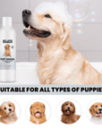 Golden retriever in a bathtub with soap suds on the head. The shampoo bottle stands to the left. Four circular puppy portraits below indicate it is suitable for all types of puppies.