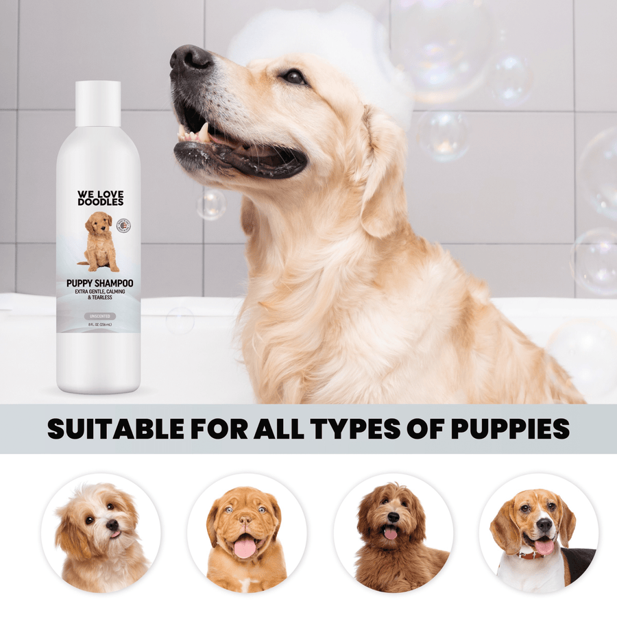 Golden retriever in a bathtub with soap suds on the head. The shampoo bottle stands to the left. Four circular puppy portraits below indicate it is suitable for all types of puppies.