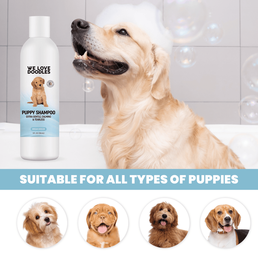 Golden dog sits in a bathtub with soap bubbles. A Puppy Shampoo bottle stands nearby. Banner text says suitable for all types of puppies with small puppy portraits below.
