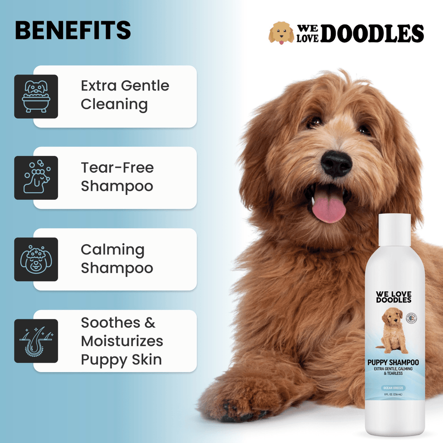 Graphic shows a doodle dog beside the bottle. Callouts state extra gentle cleaning, tear free shampoo, calming effect, and soothes and moisturizes puppy skin.
