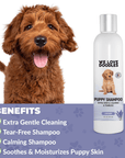 Purple benefits panel showing a smiling puppy next to a We Love Doodles Puppy Shampoo Lavender bottle listing gentle and tear free claims.