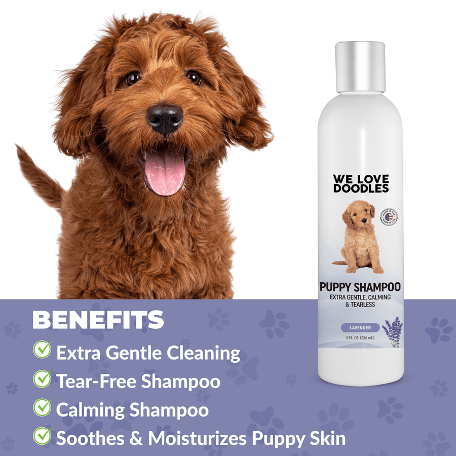 Purple benefits panel showing a smiling puppy next to a We Love Doodles Puppy Shampoo Lavender bottle listing gentle and tear free claims.