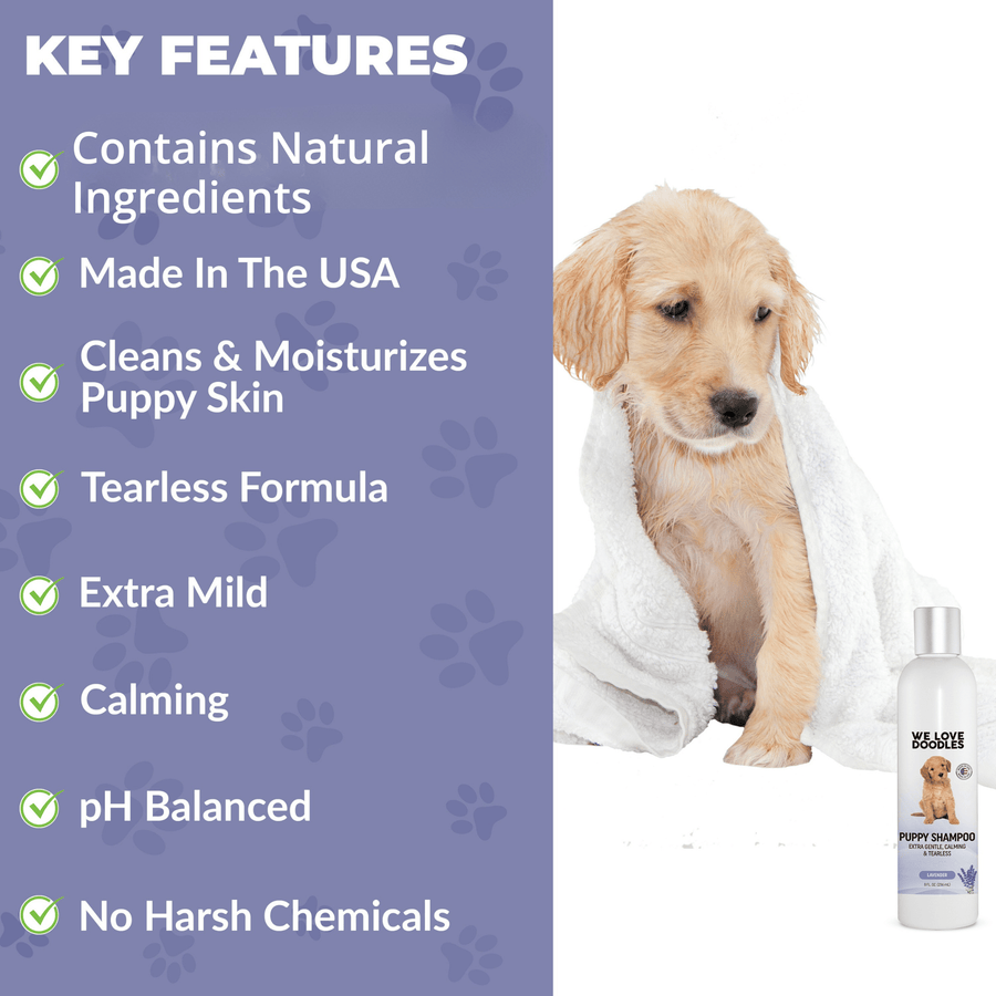 Light purple feature image with a puppy wrapped in a white towel and a Puppy Shampoo bottle noting mild, pH balanced, and no harsh chemicals.