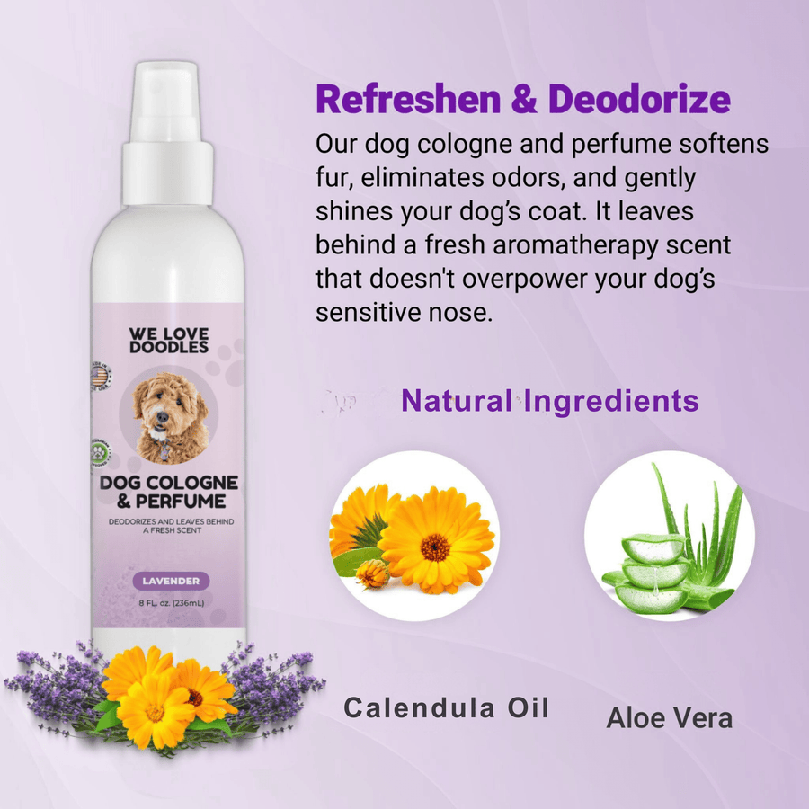 Purple layout showing the dog cologne bottle with copy about refresh and deodorize. Round panels highlight calendula oil and aloe vera as natural ingredients.