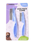 Blister card package shows two blue We Love Doodles face combs with text Dog Face Comb and For all dog breeds. The card notes 2x combs.
