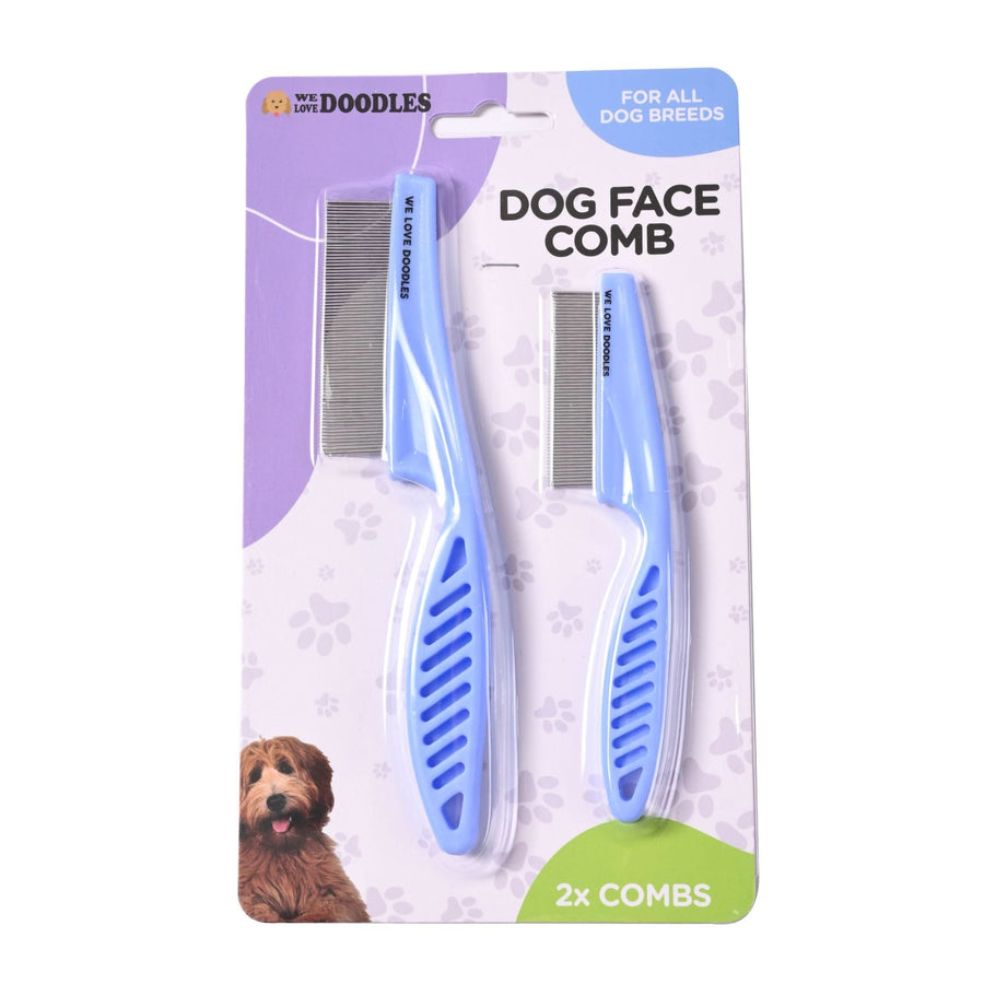 Blister card package shows two blue We Love Doodles face combs with text Dog Face Comb and For all dog breeds. The card notes 2x combs.