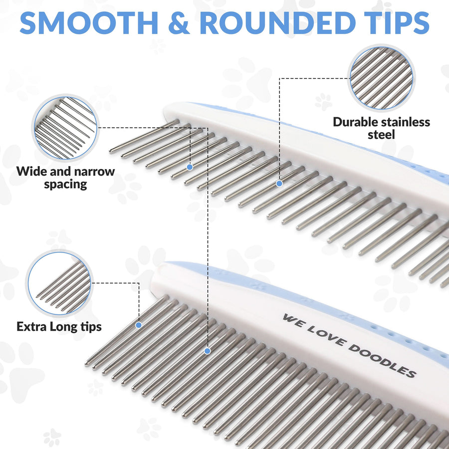 Close up graphic of comb teeth with callouts for smooth rounded tips, extra long pins, and both wide and narrow spacing.