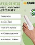 Light green features graphic with a white finger wipe and a veterinarian approved badge. Text calls out paraben free, odor reduction, itch relief, wax removal, and dirt removal.