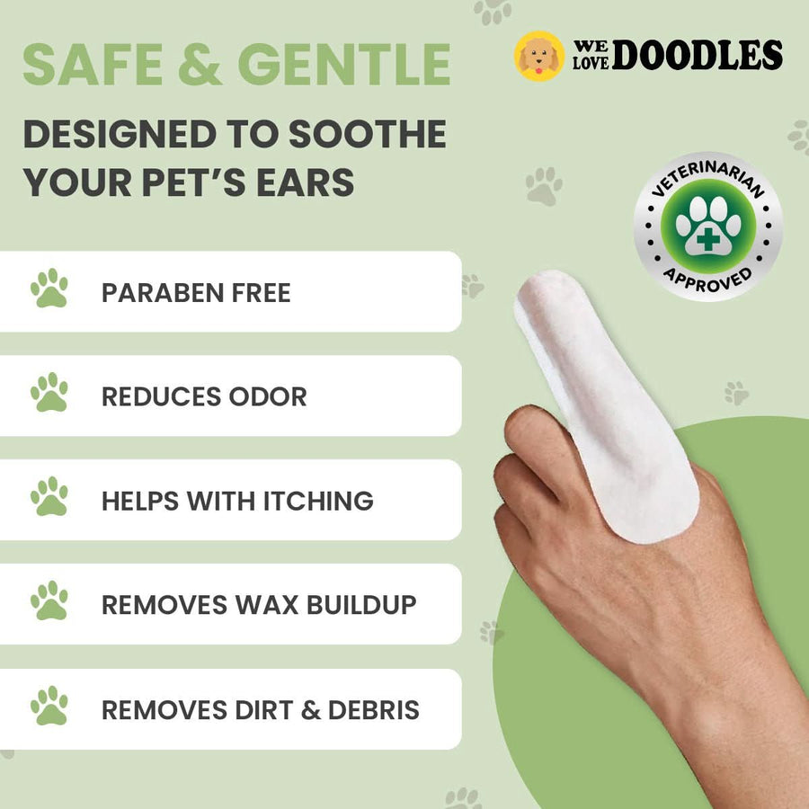 Light green graphic lists key benefits such as paraben free odor reduction itch relief wax removal and dirt cleaning. A hand shows a white finger wipe next to a paw badge.