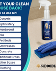 Checklist graphic lists carpets upholstery hardwood tile pet beds mattresses concrete artificial grass litter boxes and clothing. A gloved hand with a sponge sits next to the bottle.