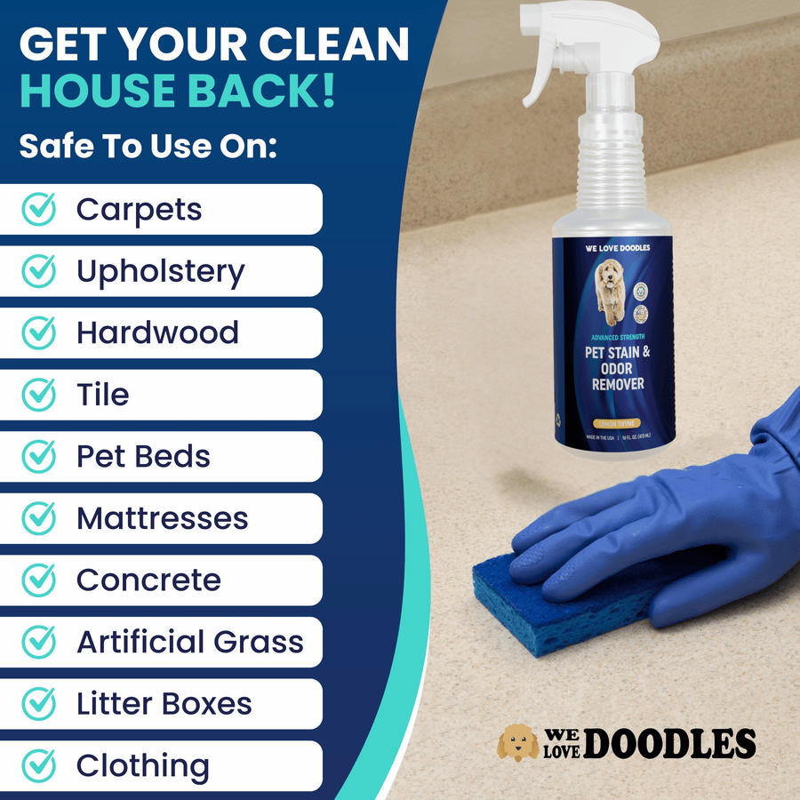Checklist graphic lists carpets upholstery hardwood tile pet beds mattresses concrete artificial grass litter boxes and clothing. A gloved hand with a sponge sits next to the bottle.