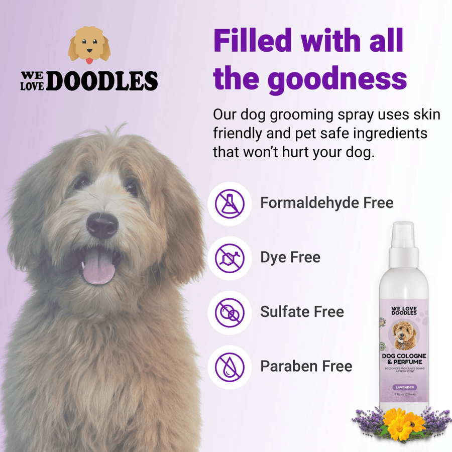 Purple graphic with a fluffy dog and the product bottle. Icons state formaldehyde free, dye free, sulfate free, and paraben free.