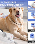 Person uses the blue slicker brush attachment on a dog. Side panels show the self cleaning button, gentle pins, and before and after views once hair is vacuumed.