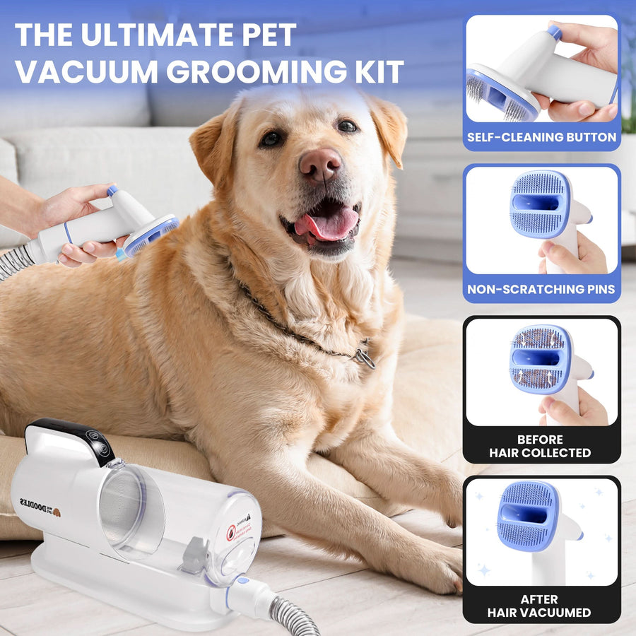 Person uses the blue slicker brush attachment on a dog. Side panels show the self cleaning button, gentle pins, and before and after views once hair is vacuumed.