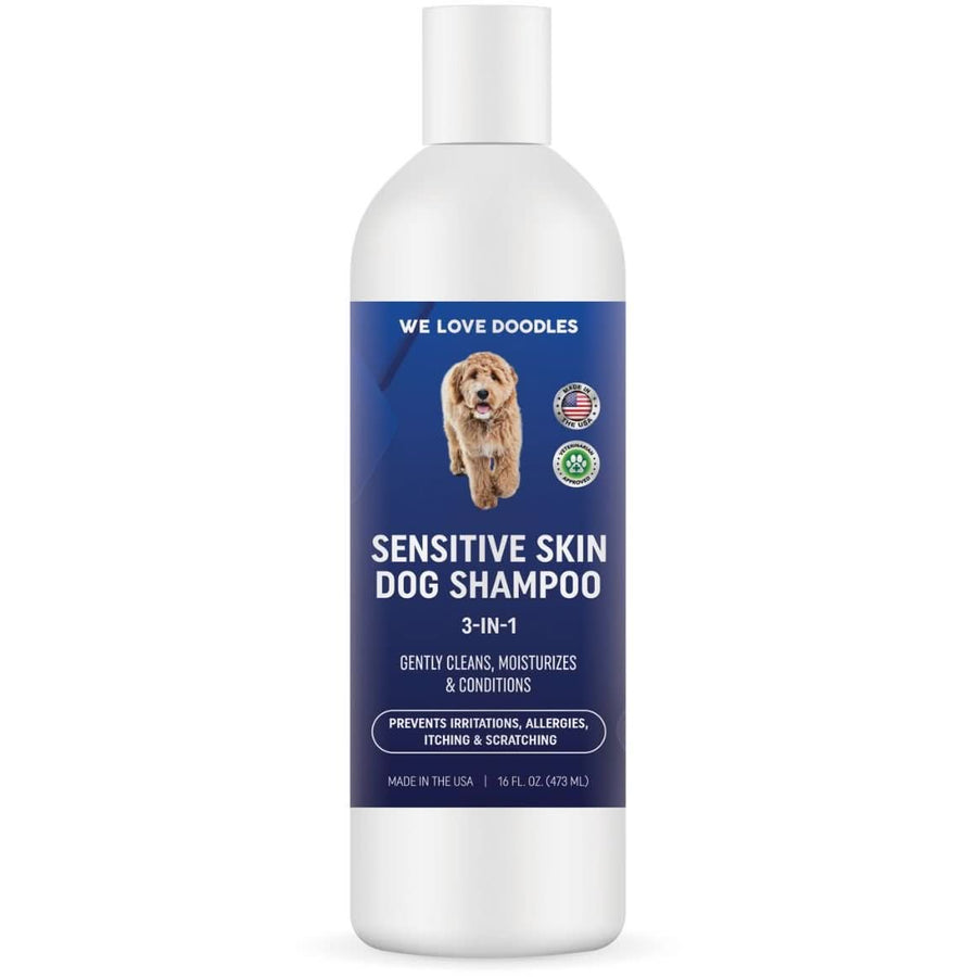 Front view of the white bottle with a blue label that reads Sensitive Skin Dog Shampoo 3 in 1. Text notes gently cleans, moisturizes, and conditions. Size shown is 16 fl oz.