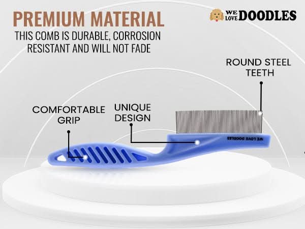 Side profile of a blue comb with labels for comfortable grip unique design and round steel teeth under a Premium Material heading.