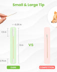 Hand holds a long double sided swab. A diagram compares our 6 inch stick with a large 1.5 inch tip and a small 0.75 inch tip versus a thin single tip competitor.