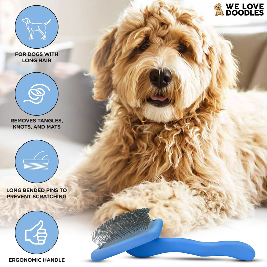 Graphic shows a fluffy dog with icons that say for dogs with long hair, removes tangles knots and mats, long bent pins, and ergonomic handle