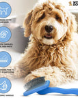 Curly coated dog pictured next to a blue slicker brush with callouts for long bent pins, help removing tangles knots and mats, and an ergonomic handle.