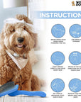A doodle sits by a blue slicker brush with six instruction icons that show head to tail brushing, gentle strokes, avoid skin, follow coat direction, use care on the face, and clean hair from the brush.