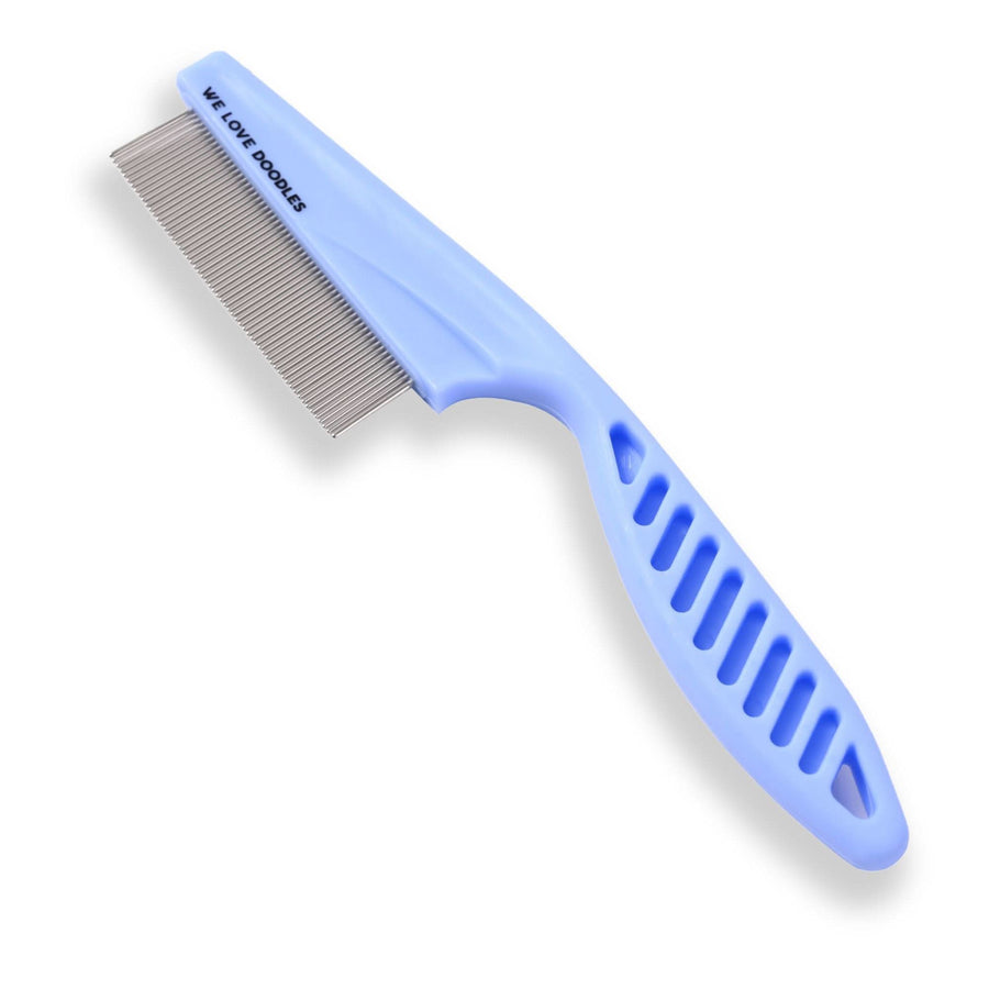 Isolated image of the small We Love Doodles face and flea comb with fine metal teeth and a slotted grip handle on a white background.