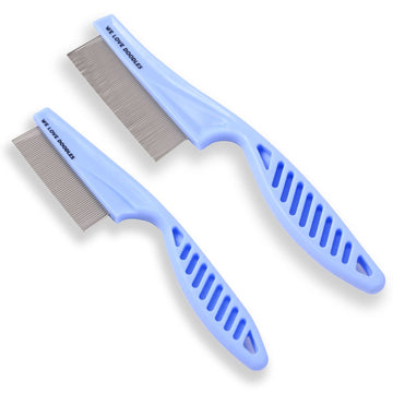 Two blue grooming combs with closely spaced metal teeth and vented grip handles. One small and one large shown on a white background with brand text on the spine.