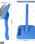 Two blue slicker brushes are arranged on a white background. The long bent stainless pins and the curved handles are visible for a clear product view.