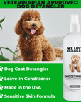 Curly dog beside a white detangler bottle on a green panel that highlights dog coat detangler, leave in conditioner, made in USA, and formula for sensitive skin.