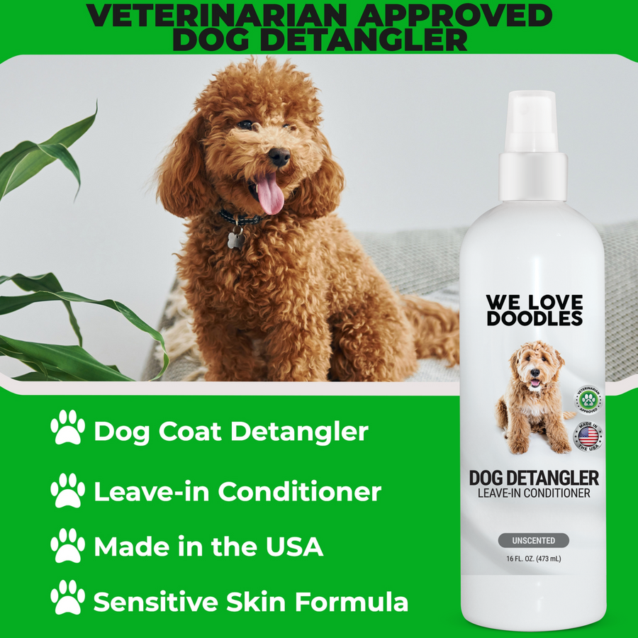 Curly dog beside a white detangler bottle on a green panel that highlights dog coat detangler, leave in conditioner, made in USA, and formula for sensitive skin.