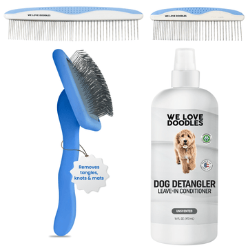 Composite image showing a blue slicker brush, two blue and white metal combs, and a white bottle labeled Dog Detangler Leave In Conditioner unscented 16 fl oz on a white background.