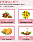 Four panels show jojoba for anti inflammatory care, sunflower oil to reduce itchiness, grapefruit for antibacterial help, and grape seed as a moisturizer.