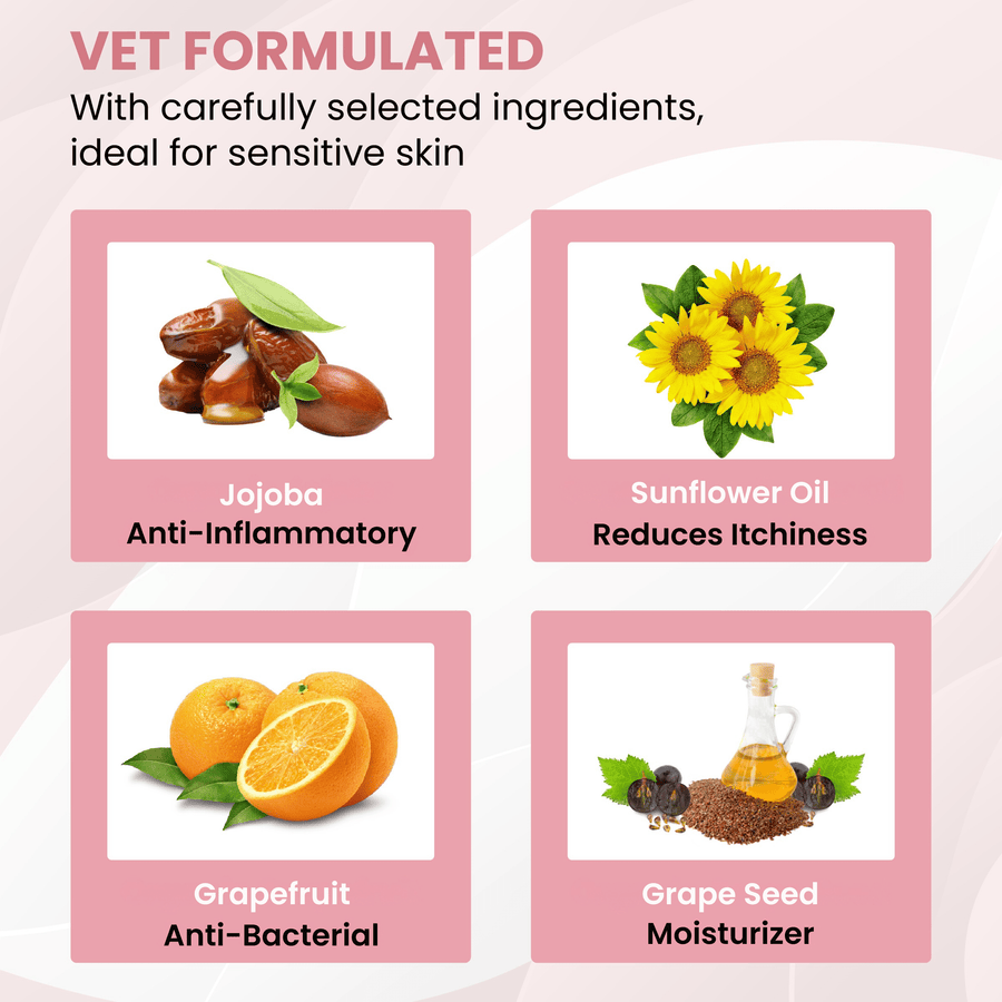 Four panels show jojoba for anti inflammatory care, sunflower oil to reduce itchiness, grapefruit for antibacterial help, and grape seed as a moisturizer.