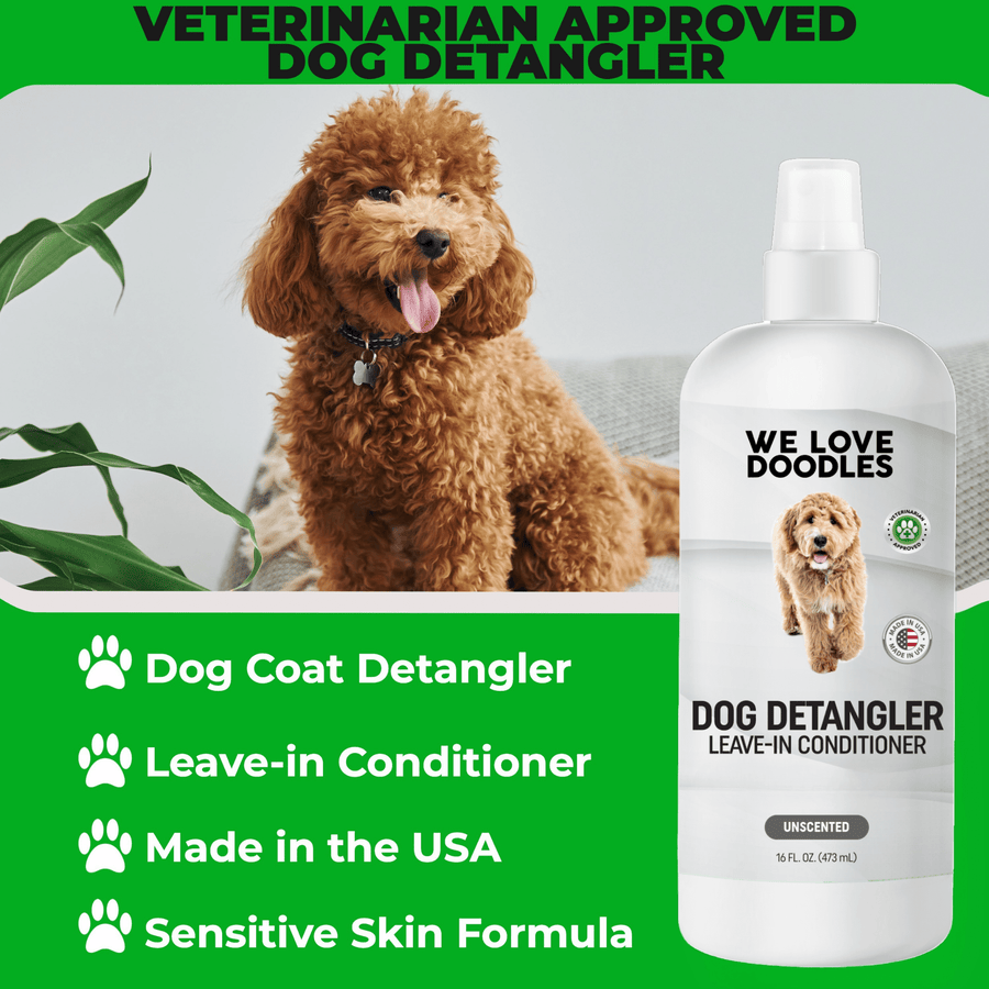 Green banner reads veterinarian approved dog detangler and shows a brown curly dog with the We Love Doodles detangler bottle placed at the right side.