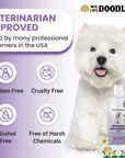 White dog faces the camera beside a bottle of shampoo. Text reads Veterinarian Approved with icons for paraben free, cruelty free, alcohol free, and free of harsh chemicals on a purple background.