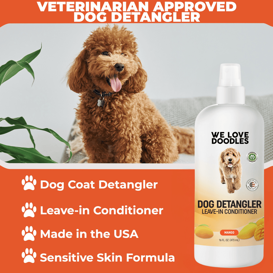 Curly dog sits near a plant with an orange header that reads veterinarian approved dog detangler. A We Love Doodles bottle appears with feature icons.