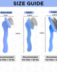Graphic shows three blue slicker brushes with measurements. Extra small is 6.5 inches long with a 2.1 inch head and is recommended for pets under 15 pounds. Small and large list 7.25 inch length and 3.25 inch head with weight guidance.