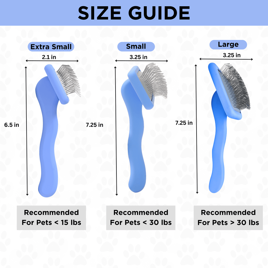 Graphic shows three blue slicker brushes with measurements. Extra small is 6.5 inches long with a 2.1 inch head and is recommended for pets under 15 pounds. Small and large list 7.25 inch length and 3.25 inch head with weight guidance.