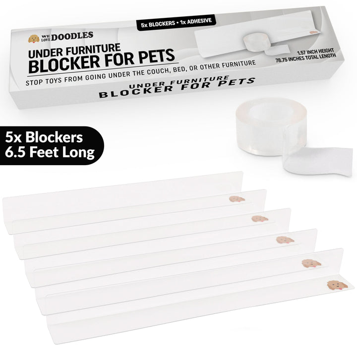 Retail box labeled Under Furniture Blocker for Pets with five clear L shaped strips and a roll of clear double sided tape shown on a white background.
